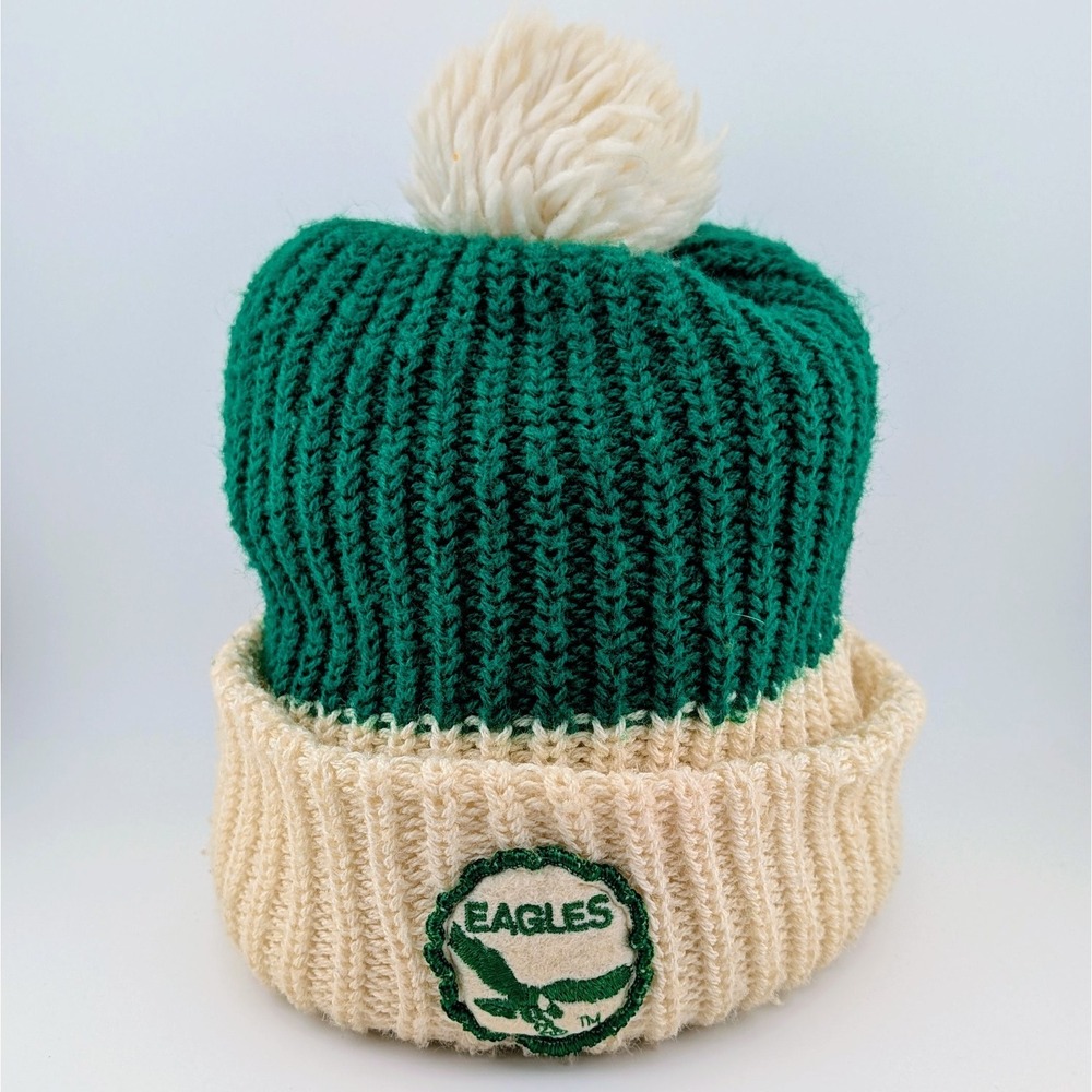 Vintage Philadephia Eagles NFL Patch Logo 80s Winter Knit Hat Cap w/ Pom